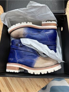 Bed Stu Two-Tone Blue and Taupe Leather Heeled Boot brand new in box.
